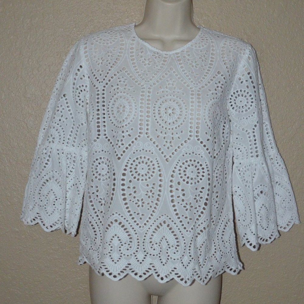 $398 Sz XS Karina Grimaldi White Eyelet 3/4 Sleeve Top Blouse